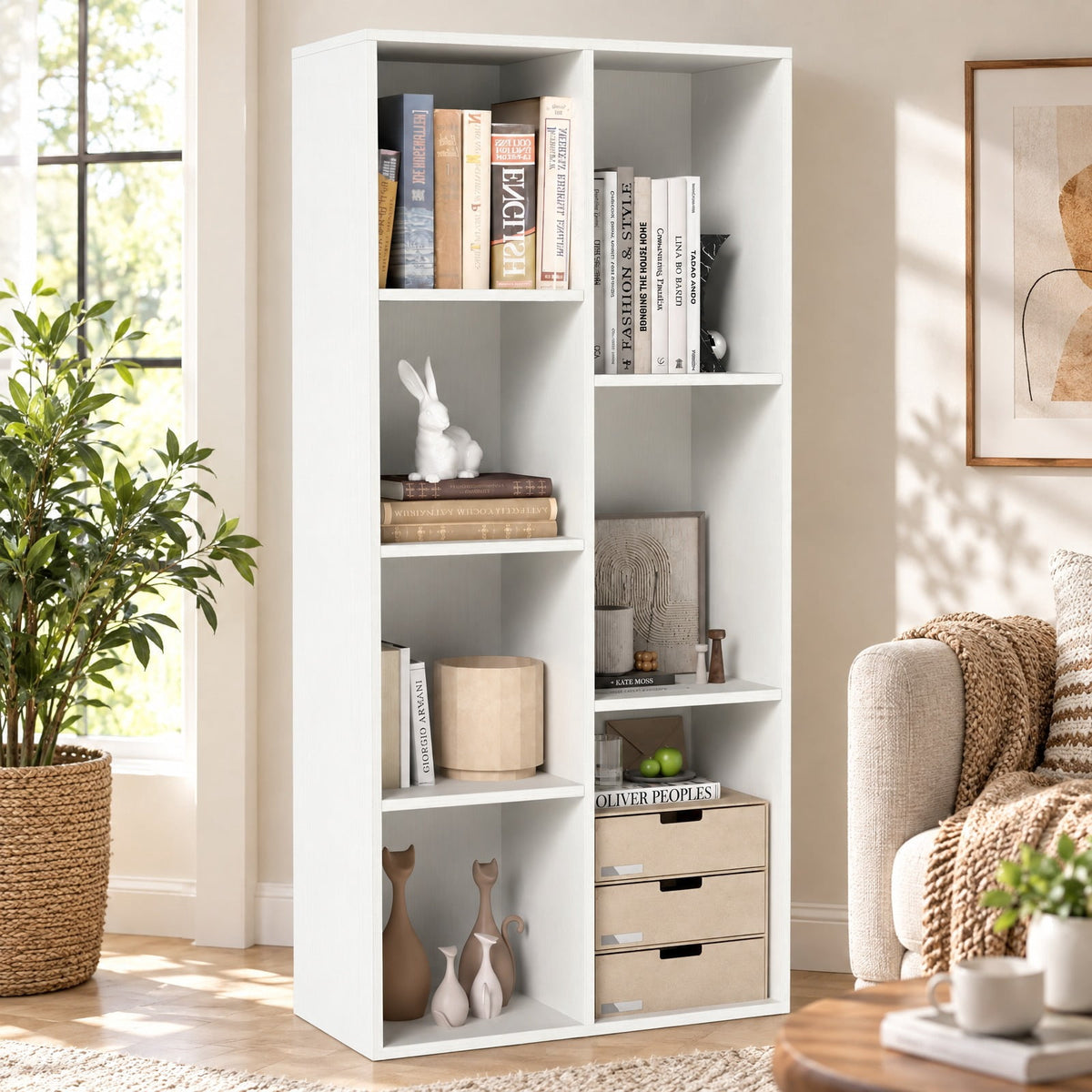Airfind Vertical or Horizontal Freestanding Bookshelf with 7 Compartments, 176 lbs Capacity, Engineered Wood MDF Frame, 19.5 x 9 x 42 Footprint