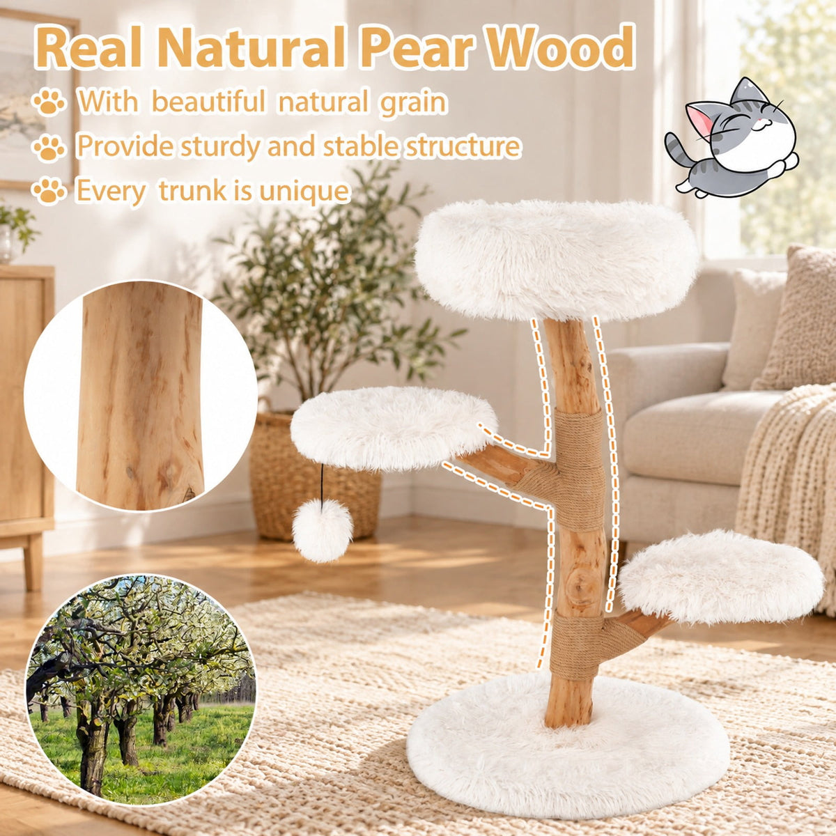Airfind Cat Tree Solid Pear Wood with Perch and Natural Jute Scratching Posts, 22 lbs Capacity, Pear Wood Jute Long Plush Fabric Frame, White