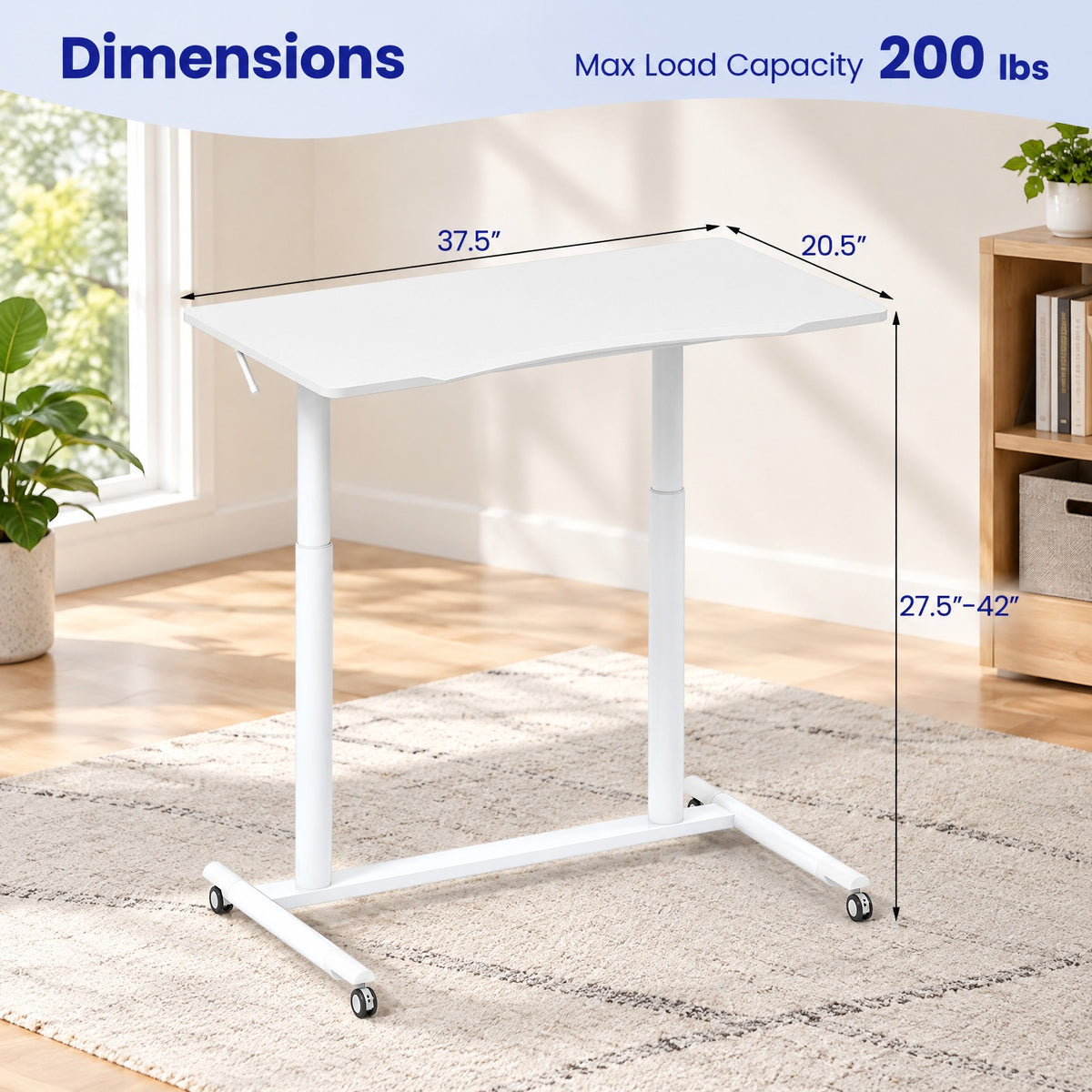 Airfind Height Adjustable Computer Desk Sit to Stand Rolling Table, MDF Frame, 37.5 x 21.5 x 27.5-42 Footprint, White