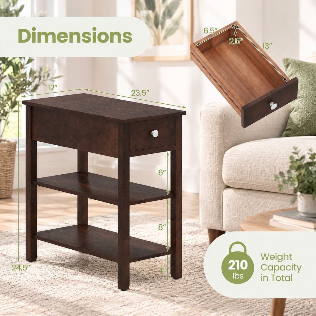 Airfind 3-Tier Narrow End Table with Drawer and Storage Shelves Set of 2, 210 lbs Capacity, MDF Rubber Wood Frame, Walnut