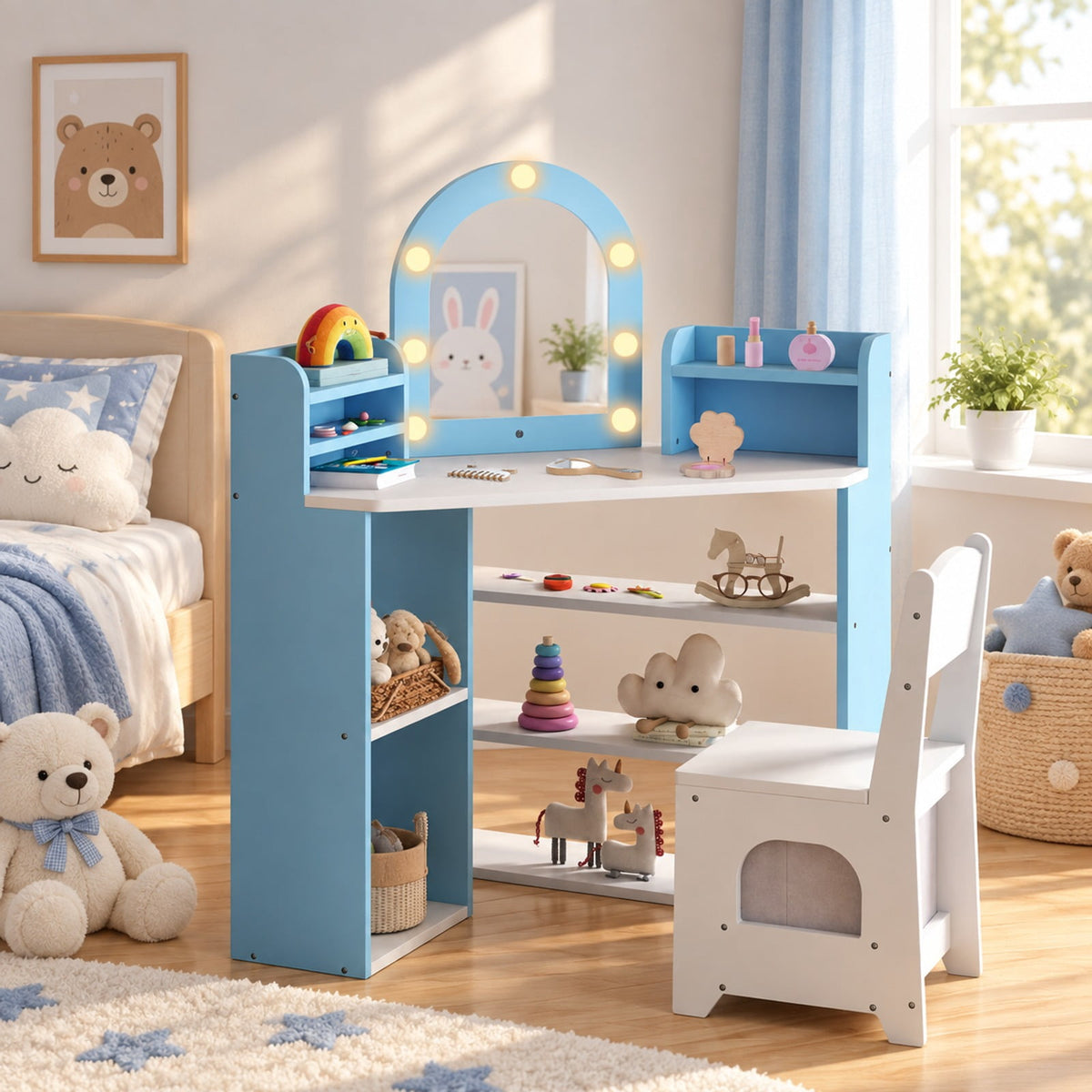 Airfind 2-In-1 Kids Vanity Set with Lights for Toddlers 3+ Years Old, 45 lbs Capacity, MDF Non-woven Fabric Frame, 37 x 24 x 39.5 Footprint