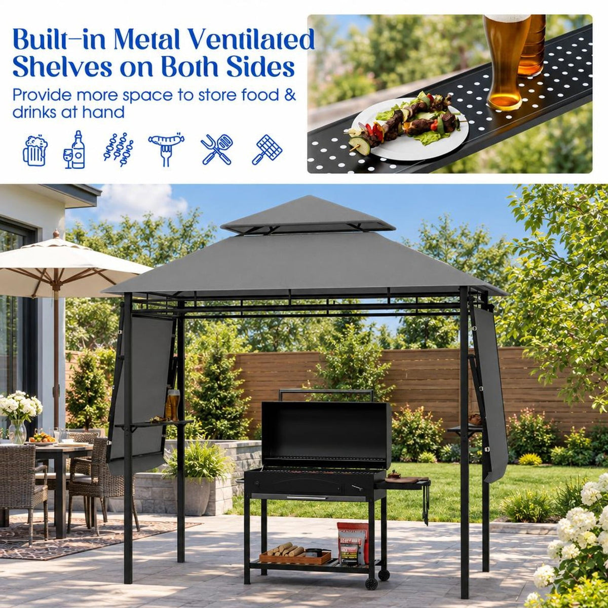 Airfind 13.5 x 4 Feet Patio BBQ Grill Gazebo Canopy with Dual Side Awnings, Polyester fabric steel Frame, 13 .5 x 4 x 8.1 Footprint, Gray