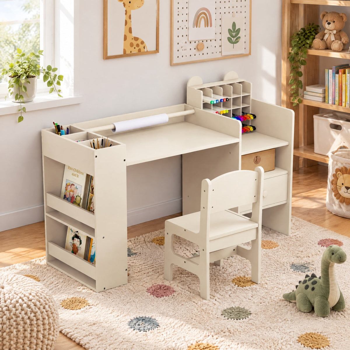 Airfind Kids Art Table and Chair Set with Detachable Paper Roll Holder and Cabinet, 66 lbs Capacity, MDF Frame, for 3+, Natural