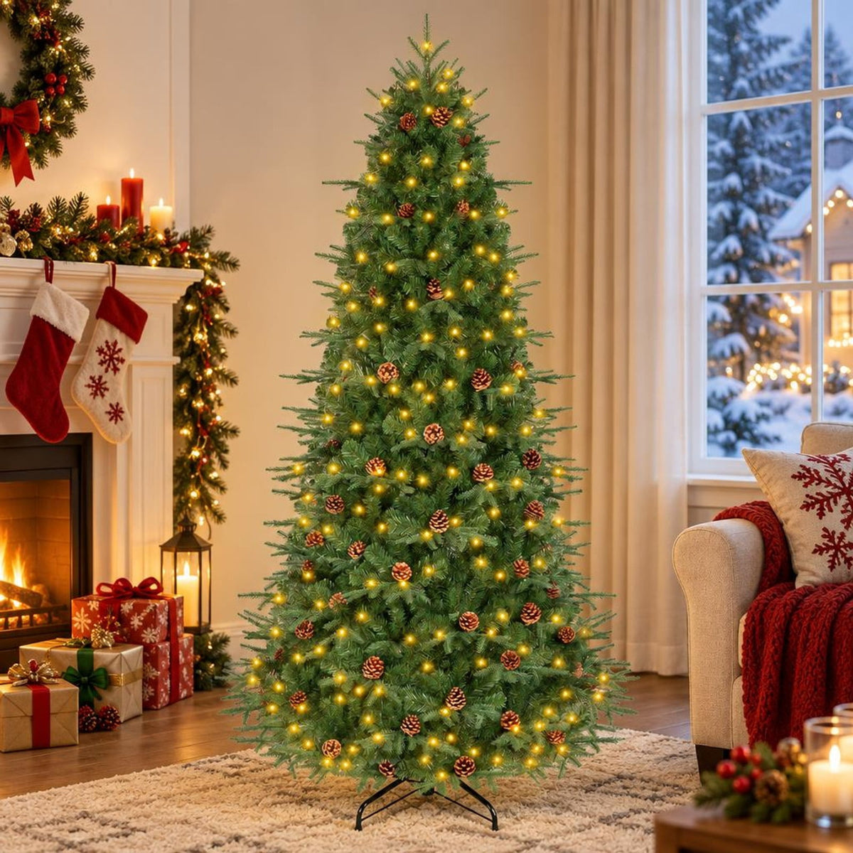 Airfind 7.5 ft Pre-Lit Artificial Christmas Tree with 540 Warm White LED Lights, 71 Pine Cones, 1125 Branch Tips and Folding Metal Stand, Green