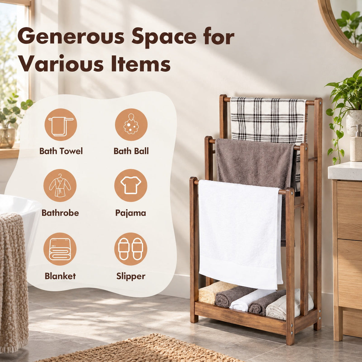 AIRFIND Towel Rack with Three Hanging Bars and Lower Storage Shelf, Freestanding Fir Wood Bathroom Organizer, 18 x 9 x 34 in, Rustic Brown