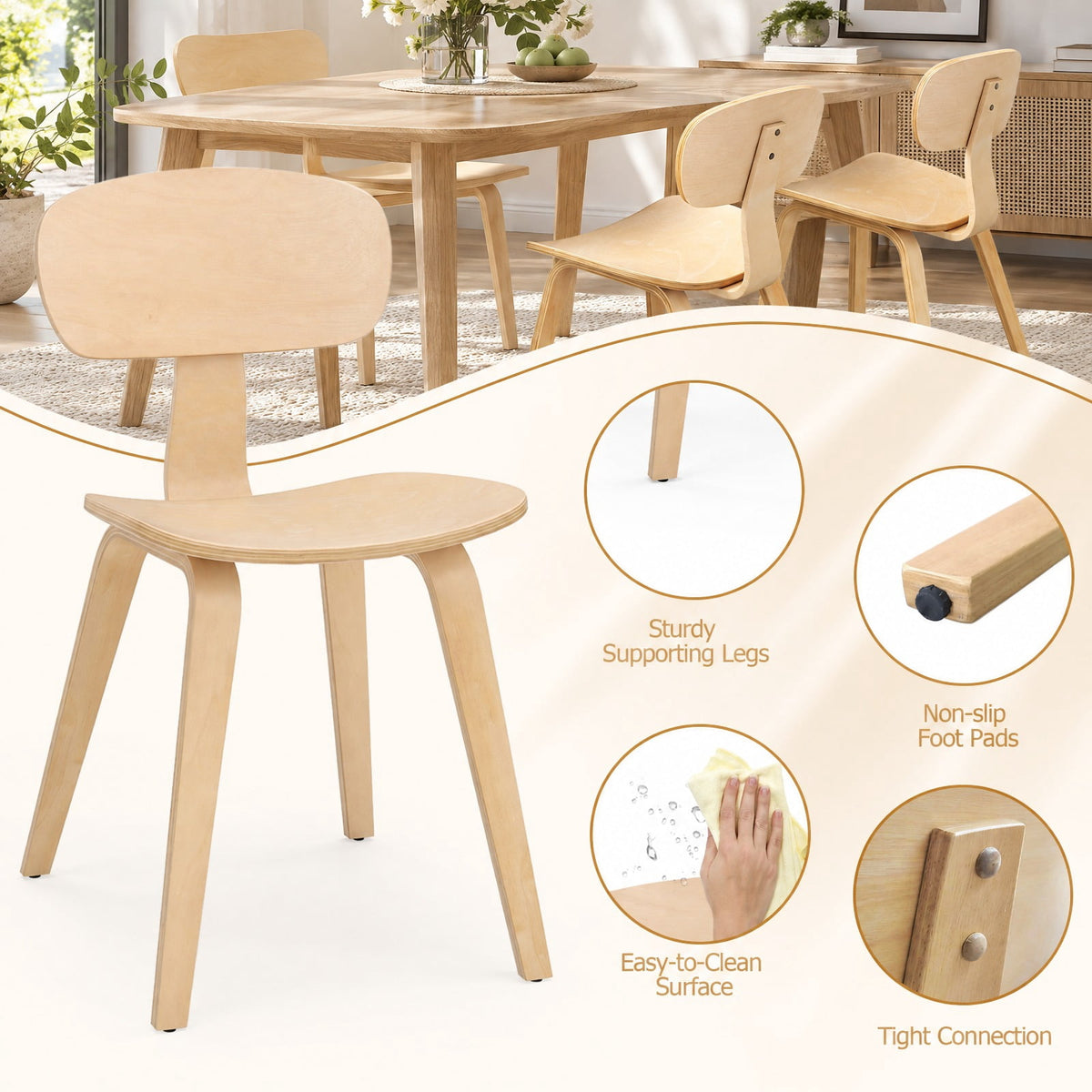 Airfind Modern Dining Chair Set of 2 with Wide Seat, 330 lbs Capacity, Bentwood Rubber Wood Frame, 17in x 20.5in x 31.5in Footprint, Natural