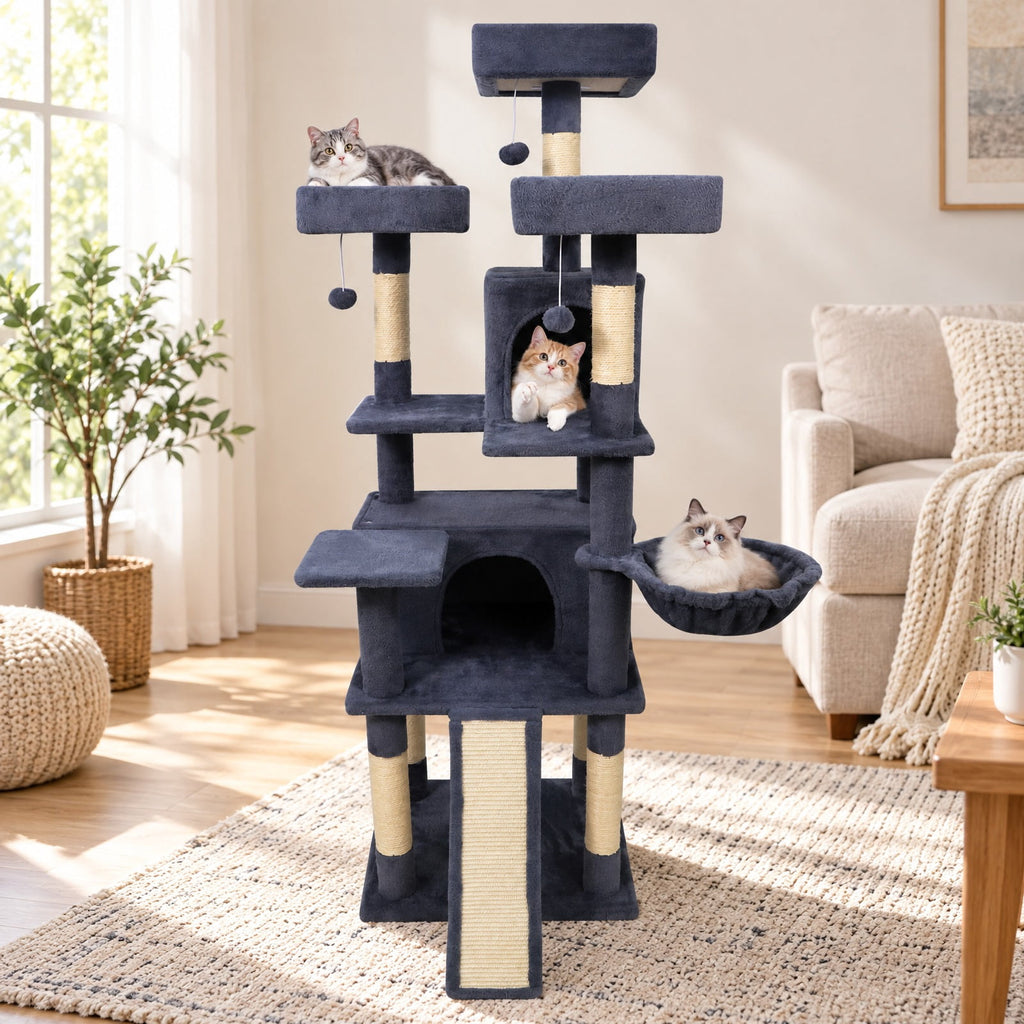 Airfind 65 Inch Tall Multi-level Cat Tree with 3 Upholstered Perch and 2 Cat Condos, Fabric Sisal Engineered Wood Overall Height 65 Inch Base Frame