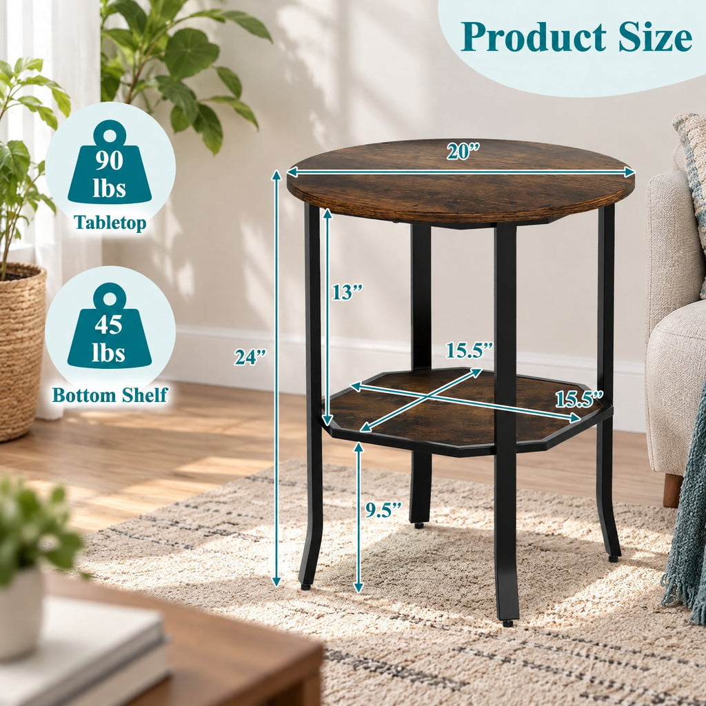 Airfind Round Side Table Small End Table with Storage Shelf 2-Tier Nightstand for Small Space, 90 lbs Capacity, Engineered Wood Carbon Steel Frame