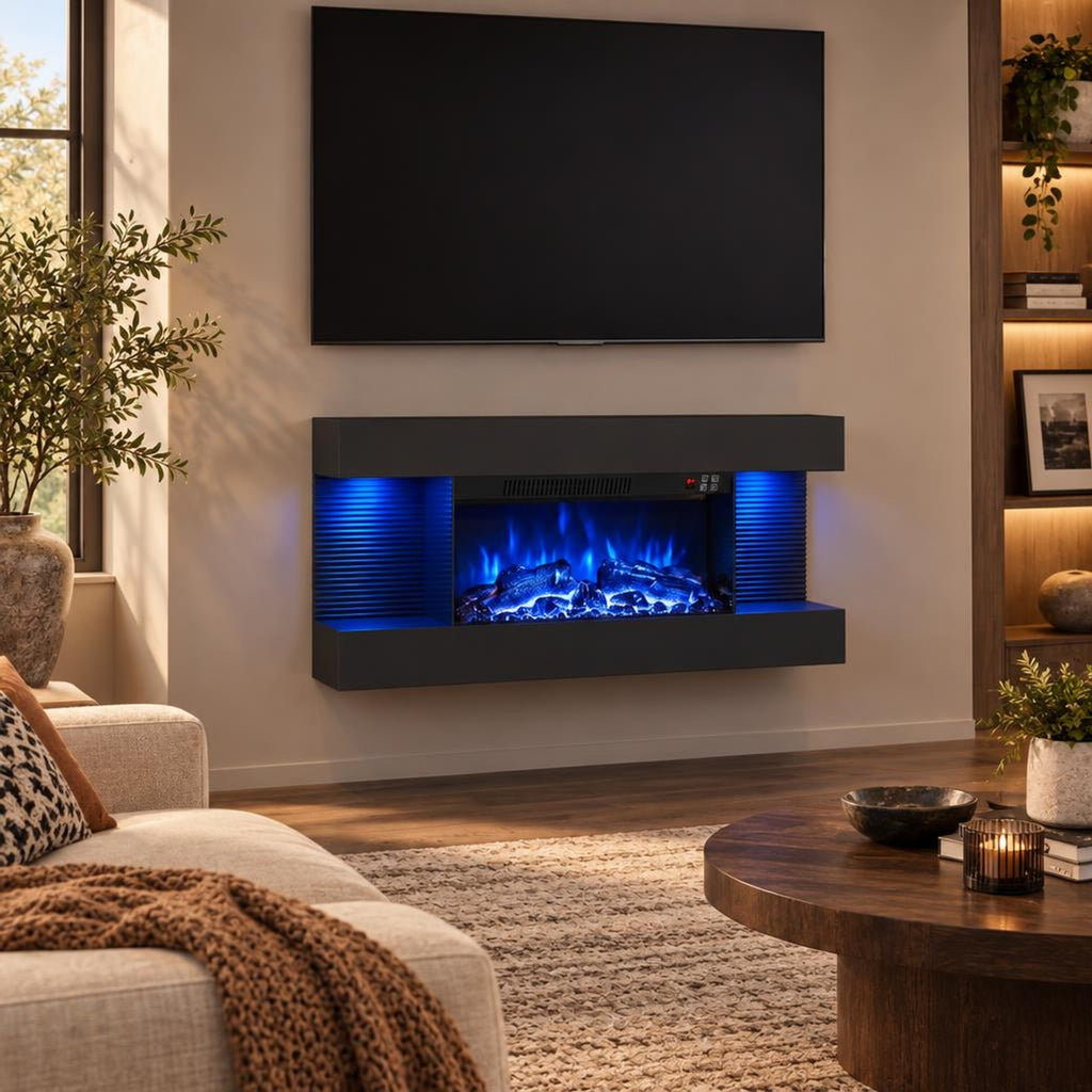 Airfind 3-Sided Black Wall Mount Electric WiFi Fireplace with Floating Mantel and 12 Flame Ambient-32 inches, Metal Tempered Glass Frame, Black