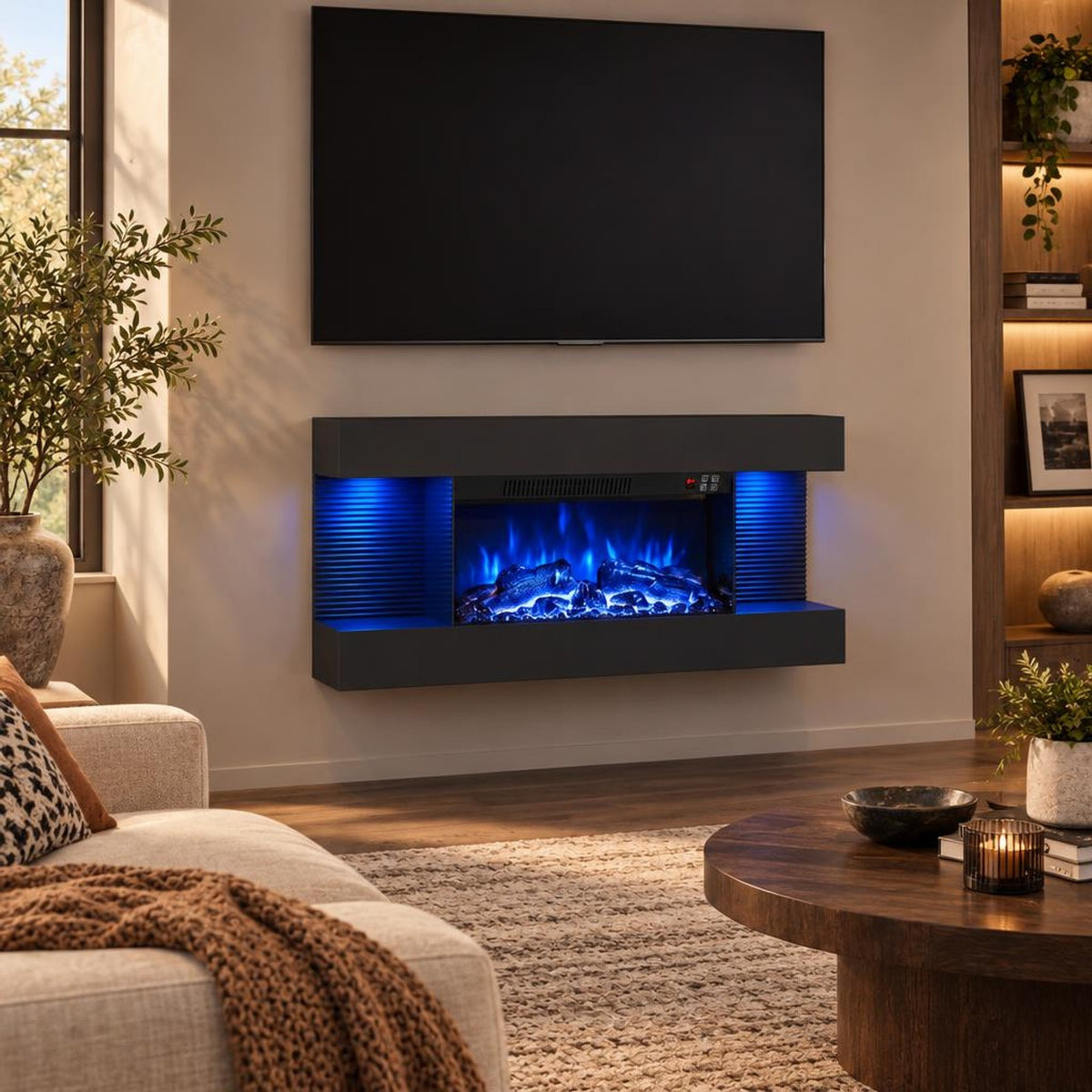 Airfind 3-Sided Black Wall Mount Electric WiFi Fireplace with Floating Mantel and 12 Flame Ambient-32 inches, Metal Tempered Glass Frame, Black