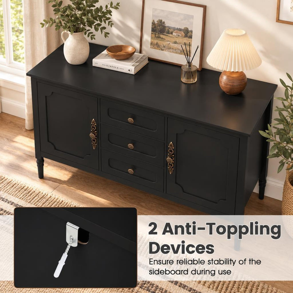Airfind 47 Inch Vintage Buffet Cabinet with 3 Drawers 2 Cabinets and Adjustable Shelves for Dining Room, 110 Lbs Capacity, 47 Inch X 15.5 Inch X 31.5 Inch, Black