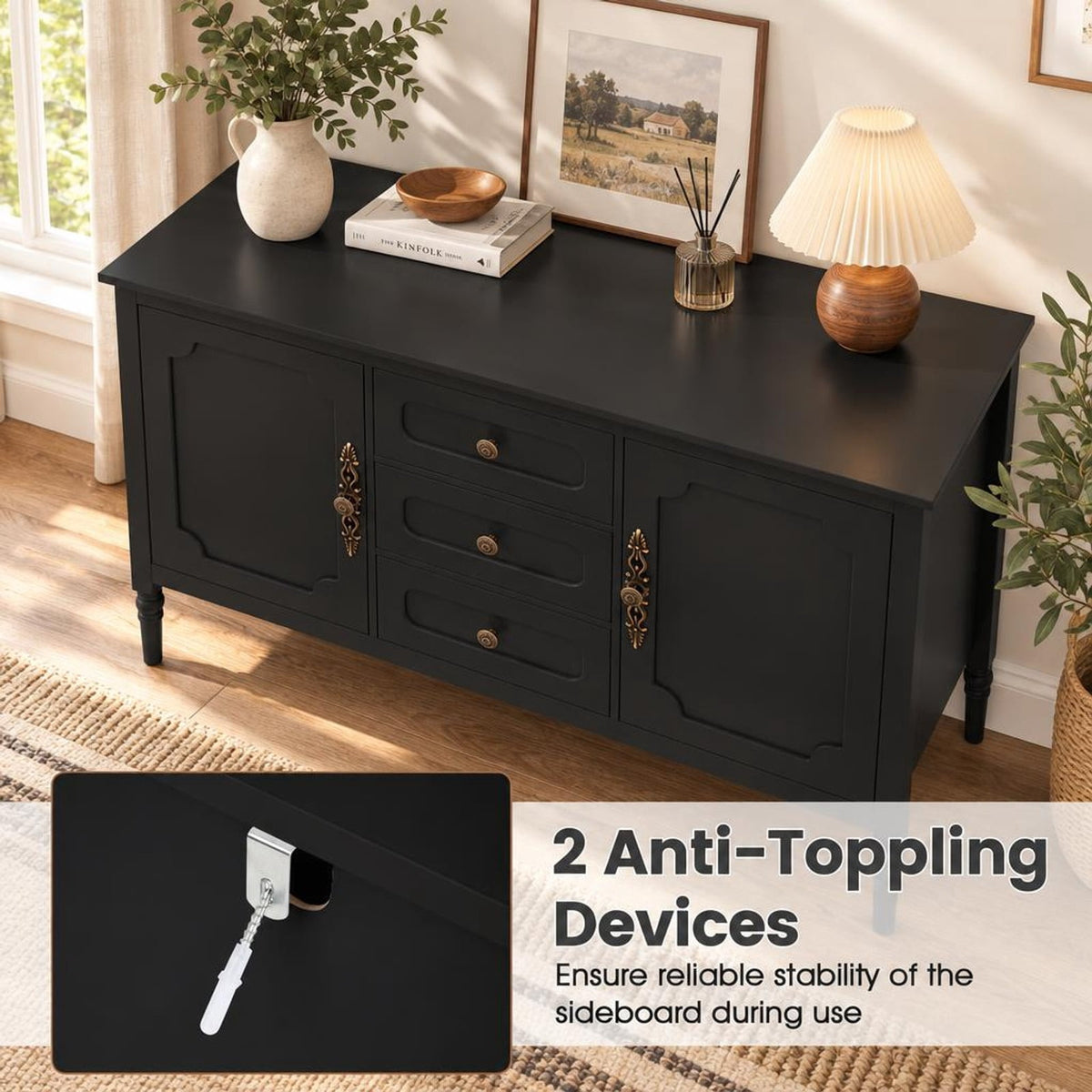 Airfind 47 Inch Vintage Buffet Cabinet with 3 Drawers 2 Cabinets and Adjustable Shelves for Dining Room, 110 Lbs Capacity, 47 Inch X 15.5 Inch X 31.5 Inch, Black
