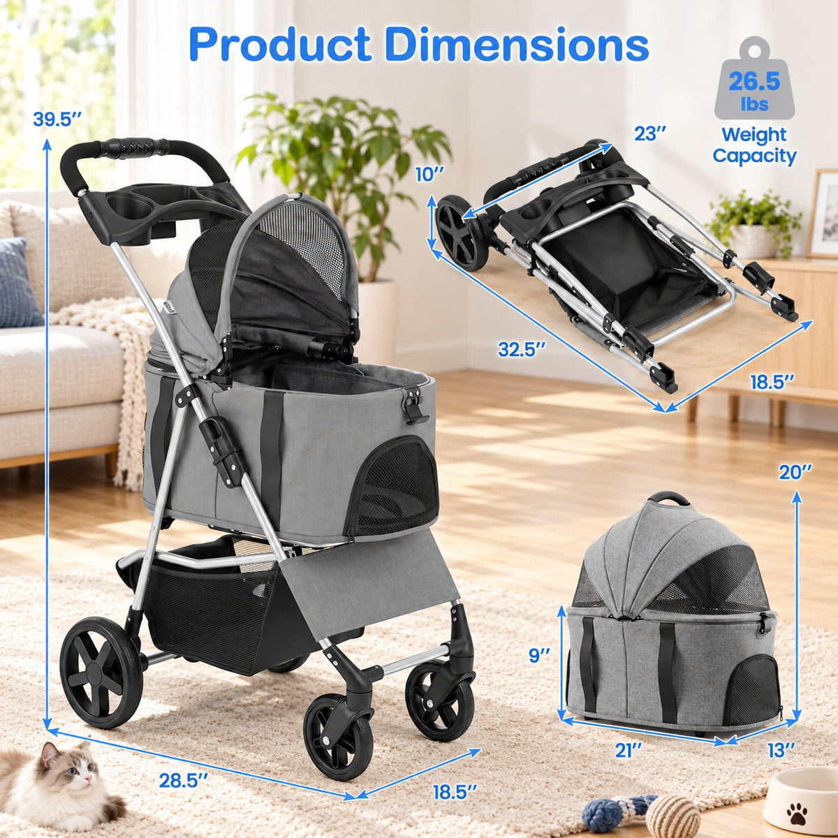 Airfind 3-in-1 Pet Stroller for Small Medium Dogs Foldable with Detachable Carrier, 26.5 lbs Capacity, 18.5in x 28.5in x 39.5in Footprint, Grey