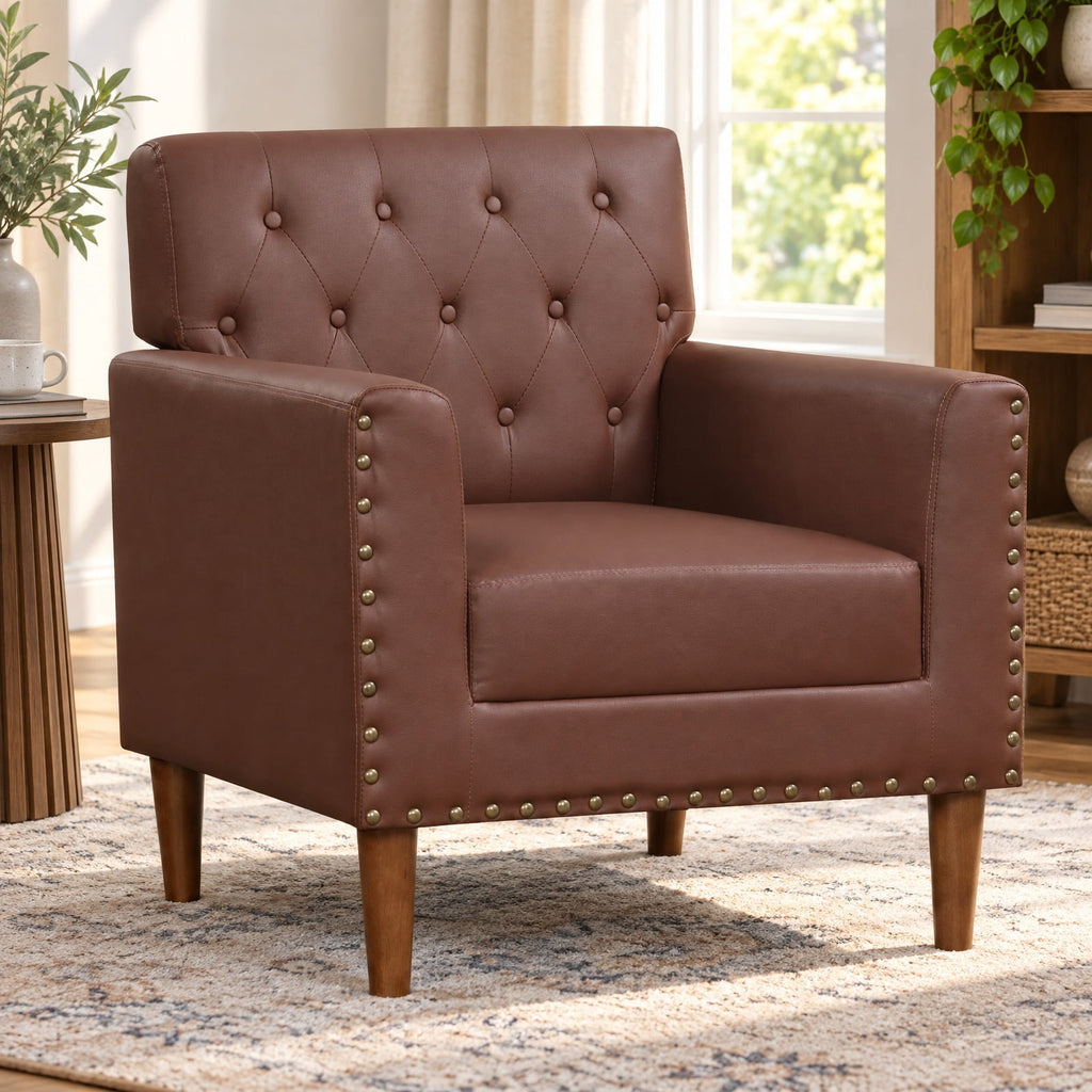 Airfind Mid Century Modern Accent Chair with Button Tufted Decoration and Rivets, 400 lbs Capacity, PVC Leather Sponge Rubber Wood Plywood Frame