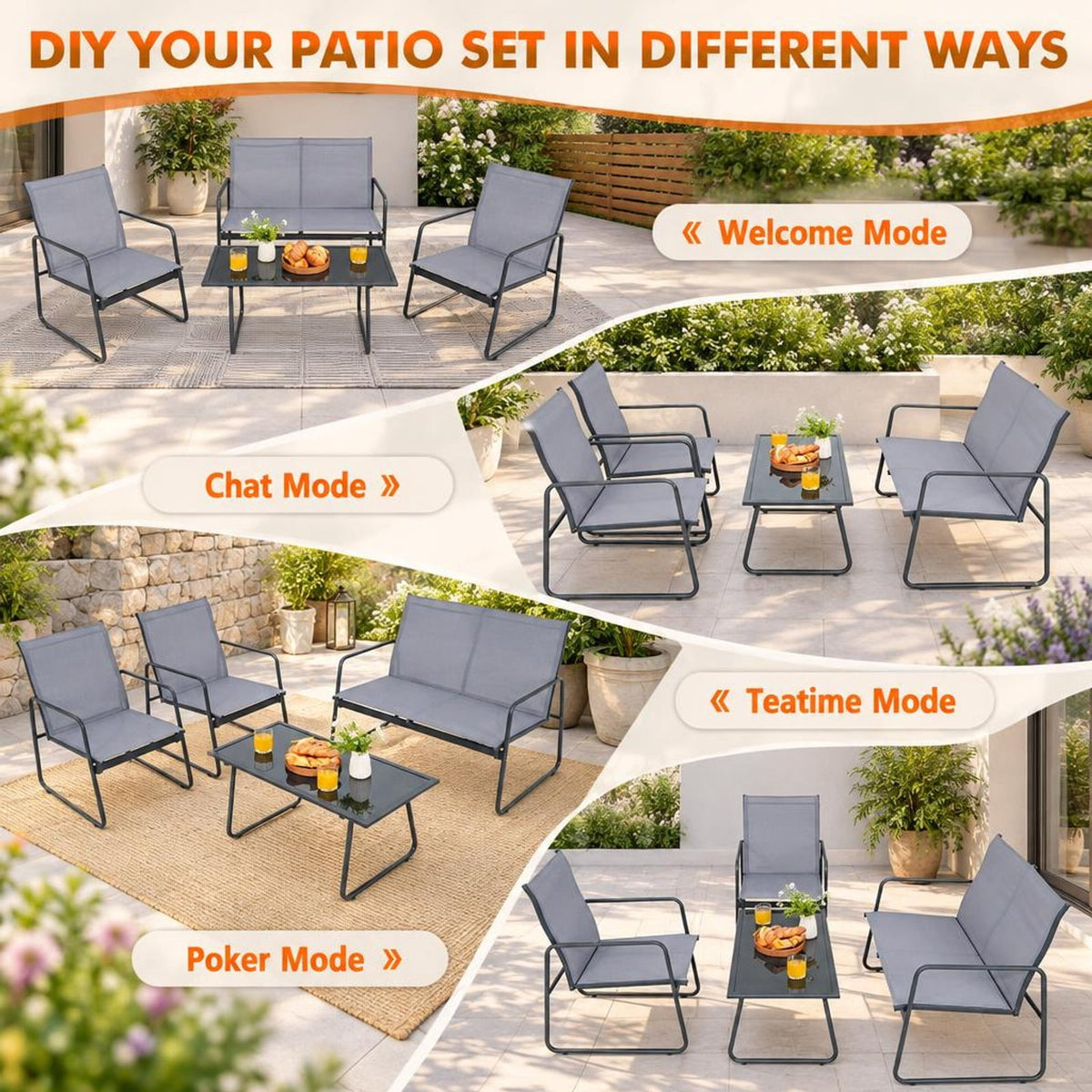 Airfind 4 Pieces of Metal Patio Furniture Chat Set with Tempered Glass Coffee Table, 660 lbs Capacity, Steel fabric Frame, 38 x 19 x 17 Footprint