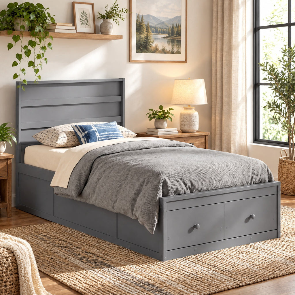 Airfind Twin Size Bed Frame with Storage Drawers and Headboard, 350 lbs Capacity, Solid Wood Plywood Engineered Wood MDF Frame, Gray