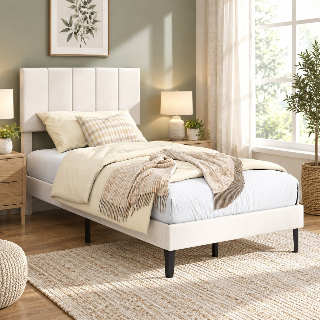 Airfind off-white Linen Upholstered Platform Bed with Height Adjustable Vertical Channel Headboard, 500 lbs Capacity, Velvet Frame, Off-White