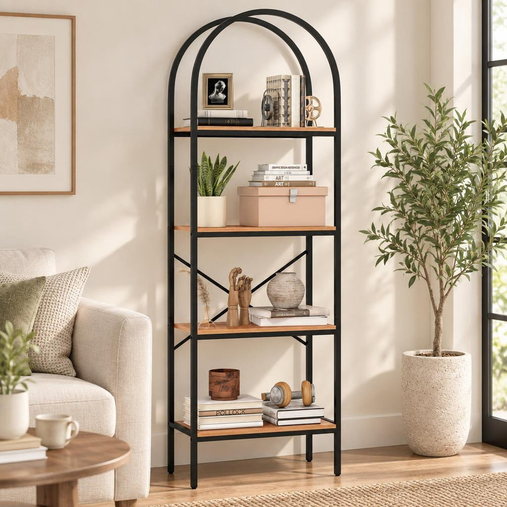 Airfind 71 Inch Tall Arched Bookcase 4-Tier with Storage Shelves and Metal Frame for Home Office-Brown and Black, 44 lbs Capacity, Metal Frame, Brown