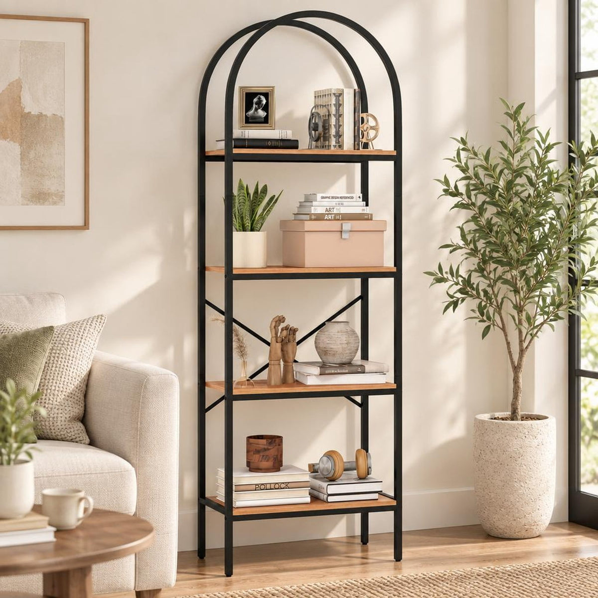 Airfind 71 Inch Tall Arched Bookcase 4-Tier with Storage Shelves and Metal Frame for Home Office-Brown and Black, 44 lbs Capacity, Metal Frame, Brown