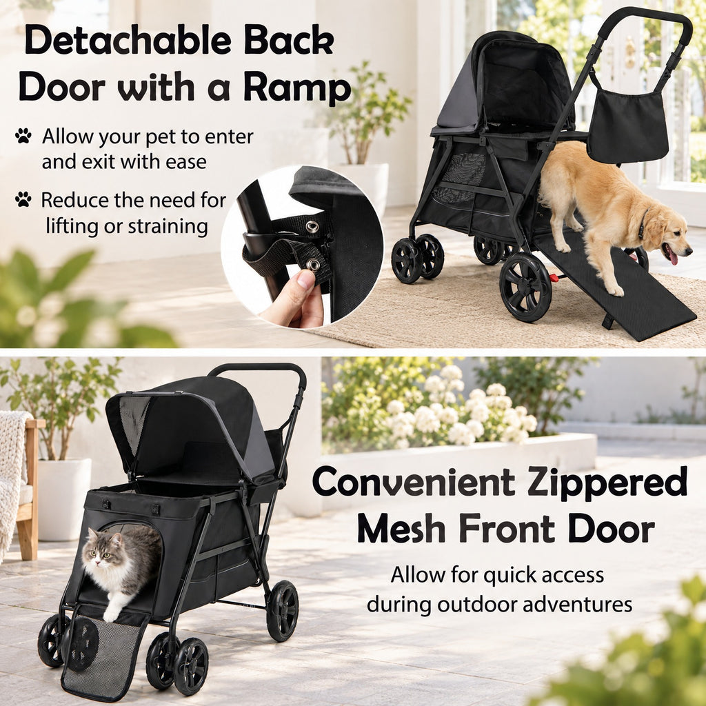 Airfind Dog Stroller for Medium Small Senior Elderly Dogs with Dual Entry, 66 lbs Capacity, 600D Oxford Fabric Mesh Metal Frame, Black