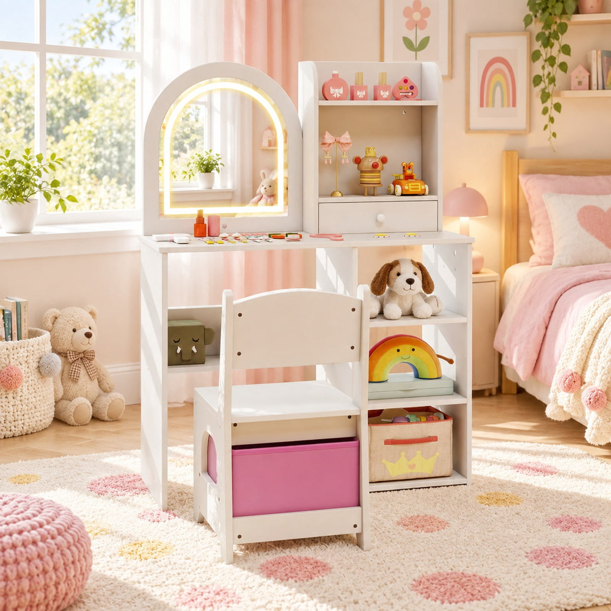 Airfind Kids Vanity Set Princess Girls Makeup Vanity Desk with Chair and 3-Color LED Lighted Mirror, 45 lbs Capacity, MDF Frame, White