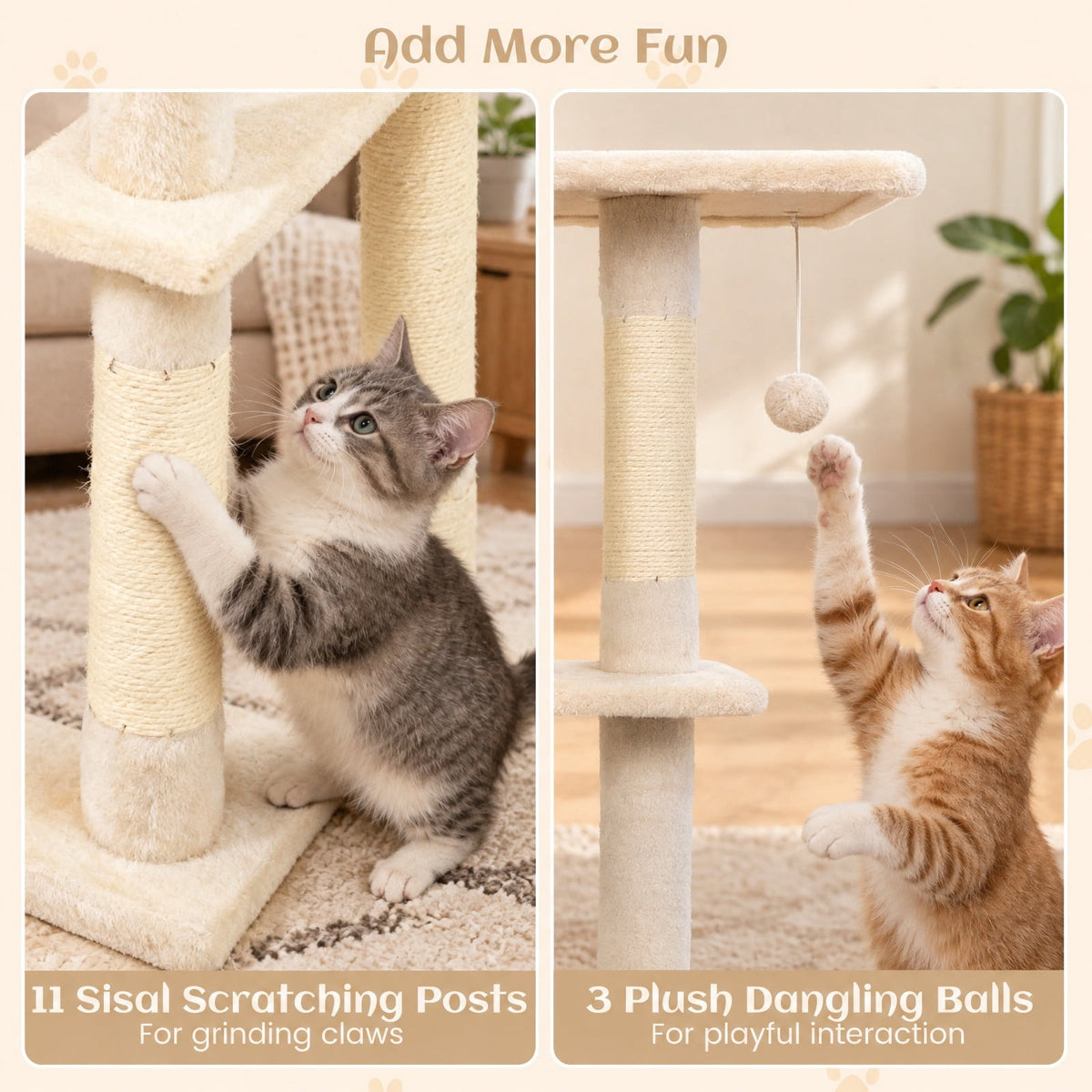 Airfind 80 Inches Tall Cat Tree with 2 Large Condos and Dangling Toys, 33 lbs Capacity, Engineered Board Sisal Plush Fabric Sponge Frame, Beige