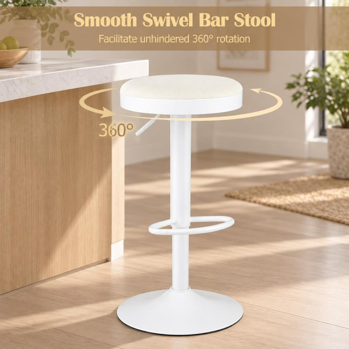 Airfind Set of 2 Kitchen Bar Stools with Height Adjustment Padded Seat and D-Shaped Footrest, 330 lbs Capacity, Metal Sponge Fabric Frame, White