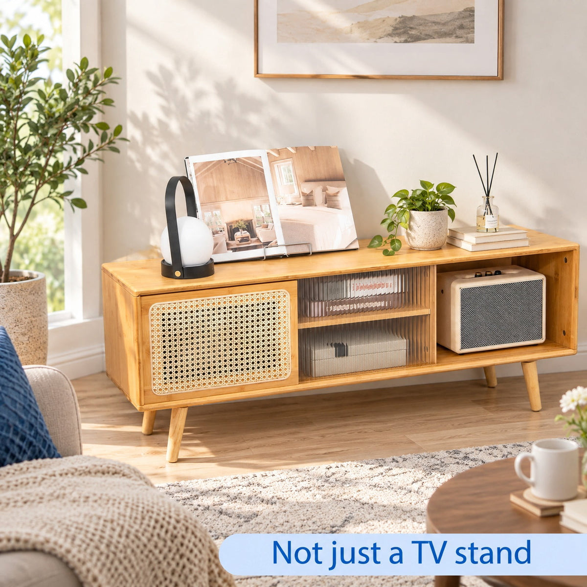 Airfind Modern TV Stand with Rattan Glass Sliding Doors, Bamboo Rubber Wood Rattan Tempered Glass Frame, 47.5 x 12 x 18 Footprint, Natural