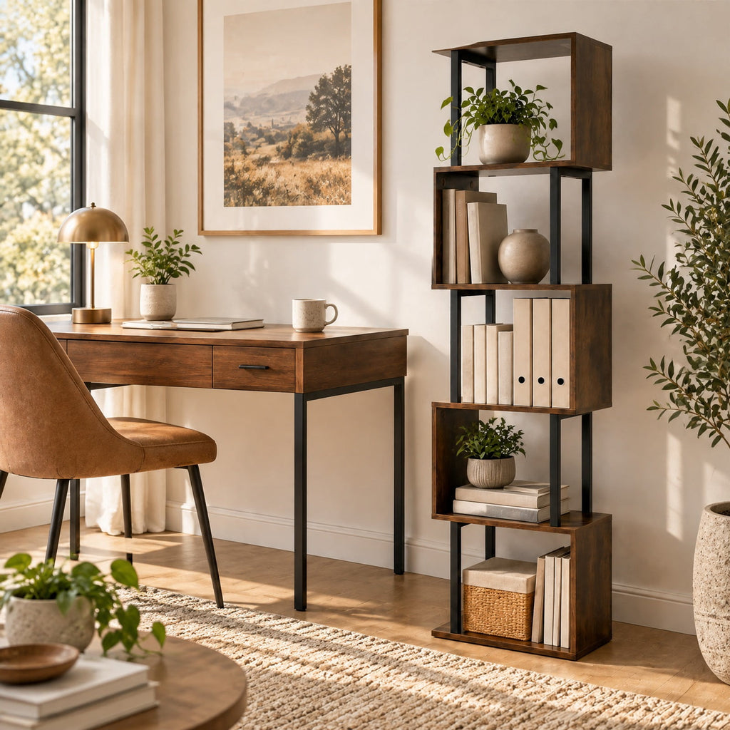 Airfind 5-Tier S-Shaped Bookshelf w/ Open Cubes Anti-toppling Kits for Living Room, 22 lbs Capacity, Engineered Wood Frame, Brown