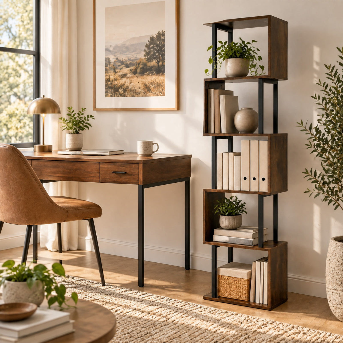 Airfind 5-Tier S-Shaped Bookshelf w/ Open Cubes Anti-toppling Kits for Living Room, 22 lbs Capacity, Engineered Wood Frame, Brown