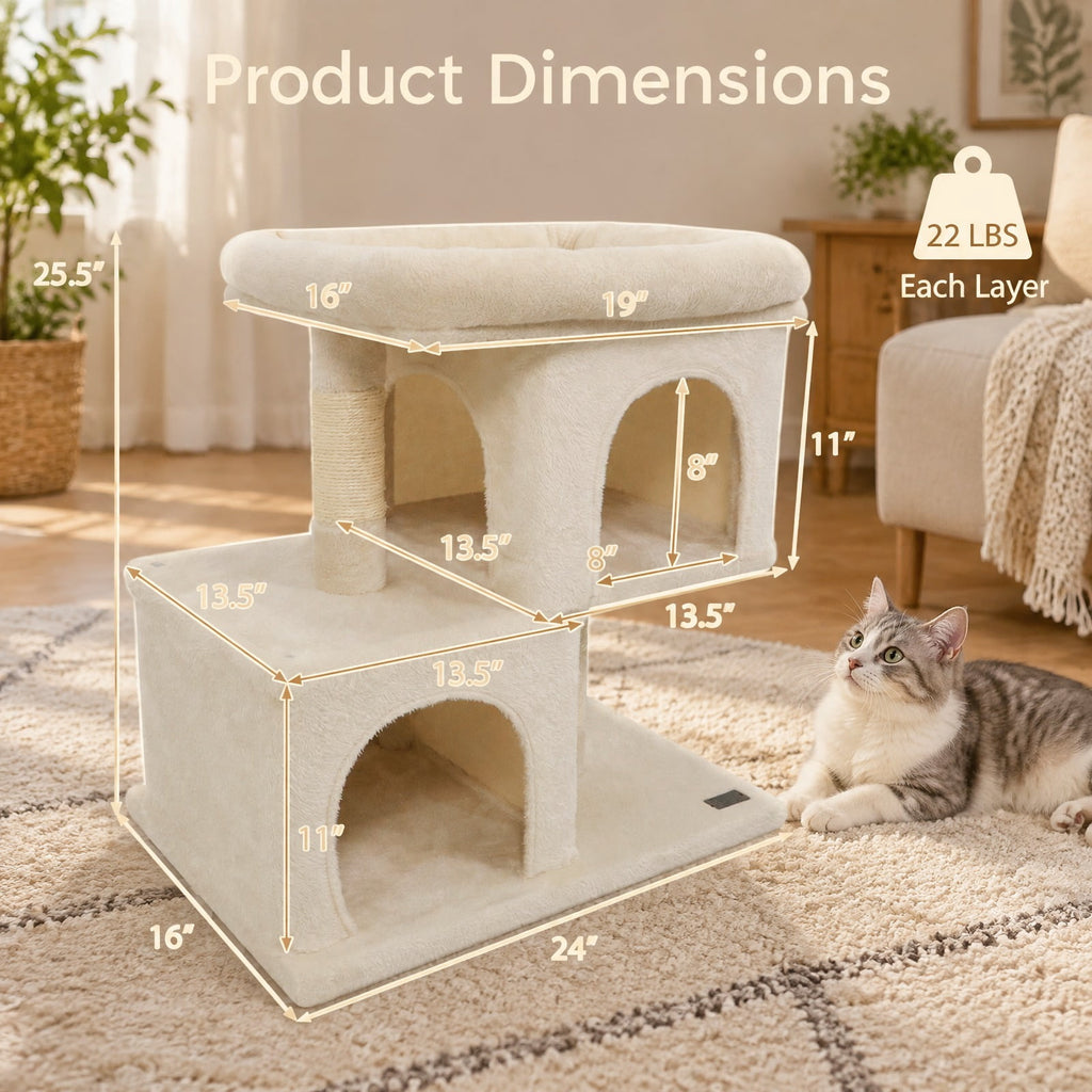 Airfind Modern Cat Tree Space-saving Cat Tower with Upholstered Perch and 2 Cat Condos, 22 lbs Capacity, 24 x 16 x 25.5 Condo Footprint, Beige