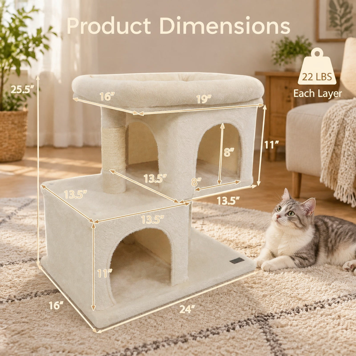 Airfind Modern Cat Tree Space-saving Cat Tower with Upholstered Perch and 2 Cat Condos, 22 lbs Capacity, 24 x 16 x 25.5 Condo Footprint, Beige