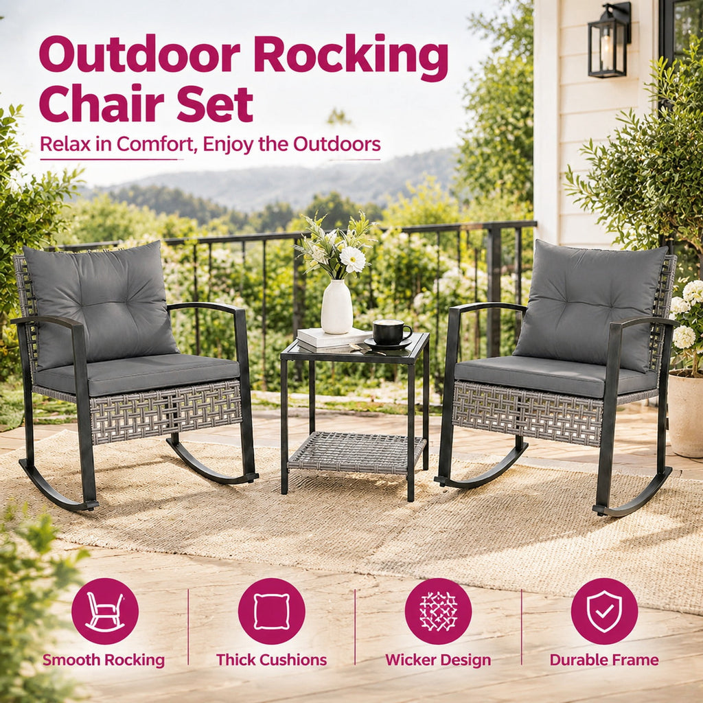 Airfind 3-Piece Outdoor Rocking Chair Set for Garden, 100 lbs Capacity, 28.5 x 22.5 x 31 Footprint, Gray