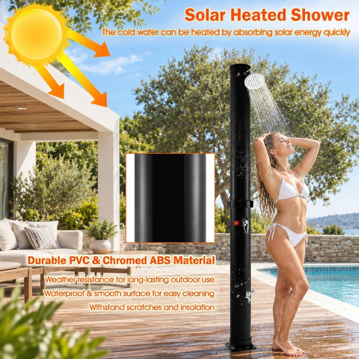 Airfind 7.2 Feet Solar-Heated Outdoor Shower with Free-Rotating Shower Head, Abs PVC Frame, 7.5 x 7.5 x 85.5 Footprint, Black