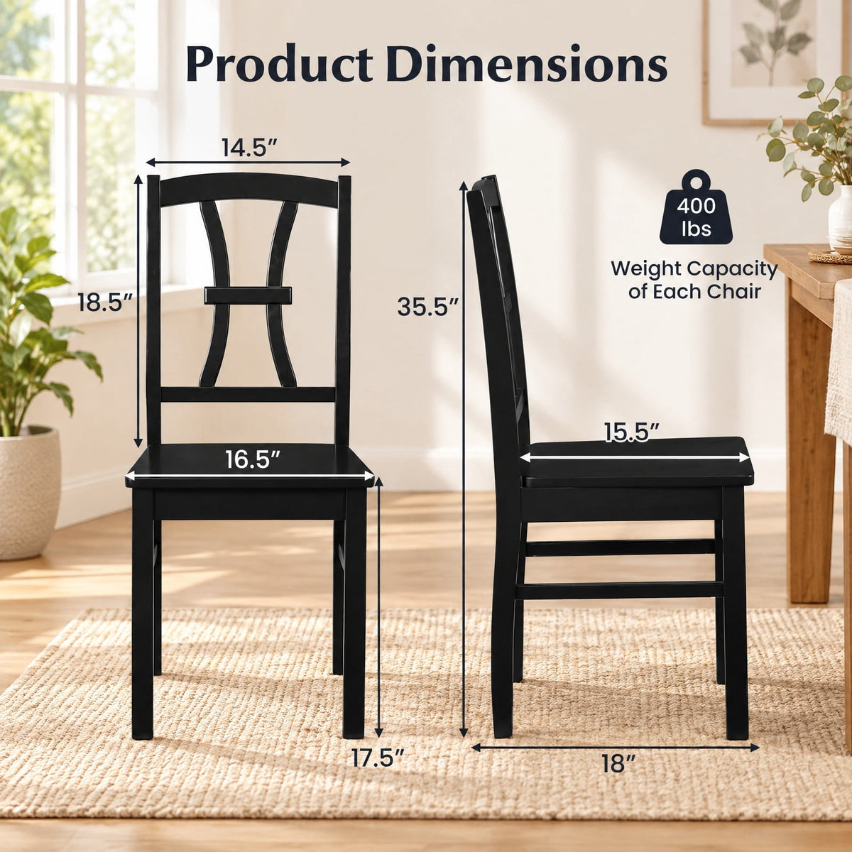 Airfind 400 lbs Capacity Dining Chair Set of 2 with Cross Backrest and Rubber Wood Frame, 400 lbs Capacity, Rubber Wood Engineered Wood Frame, Black