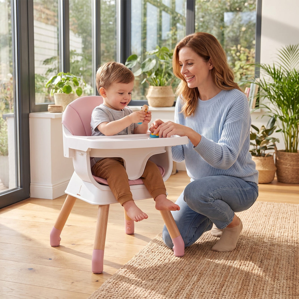 Airfind 9-in-1 Convertible High Chair with Solid Wood Legs for Babies and Toddlers, 33 lbs Capacity, PP Frame, for 6 months to 3 years old, Pink