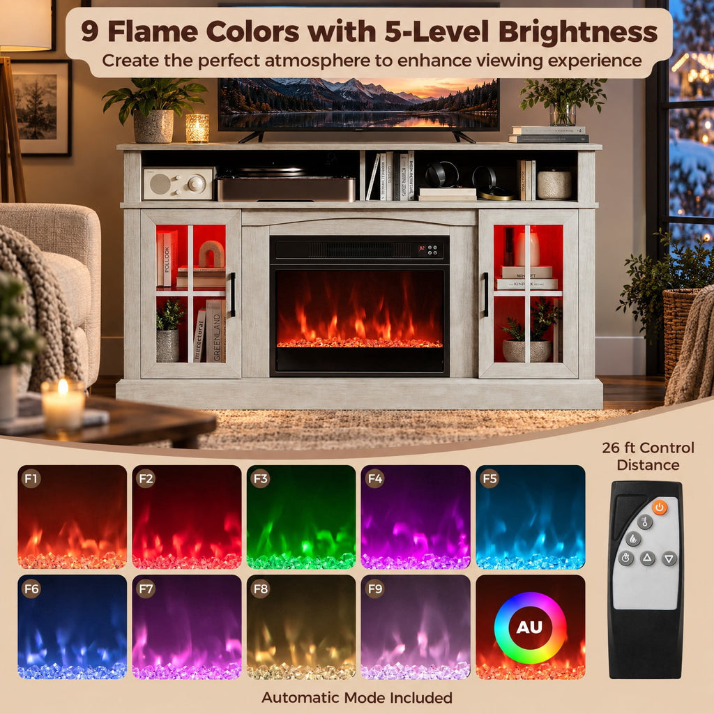 Airfind 58 Inch Fireplace TV Stand with LED Lights with Storage Cabinets and Glass Doors, 70 lbs Capacity, MDF Metal Tempered Glass Frame, Gray