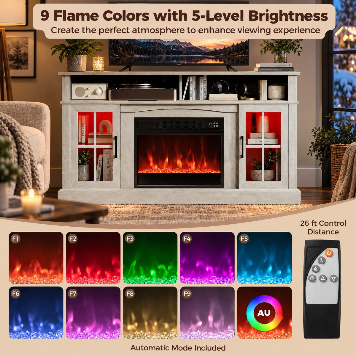 Airfind 58 Inch Fireplace TV Stand with LED Lights with Storage Cabinets and Glass Doors, 70 lbs Capacity, MDF Metal Tempered Glass Frame, Gray