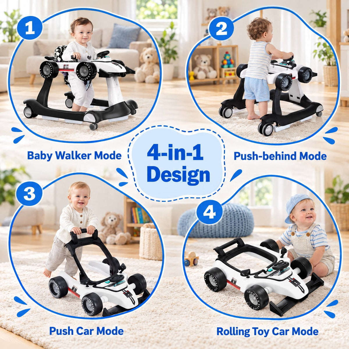 AIRFIND Baby Walker with 4 Activity Modes, 3 Adjustable Heights, Music and Lights, Rear Wheel Speed Control and Folding Frame, White