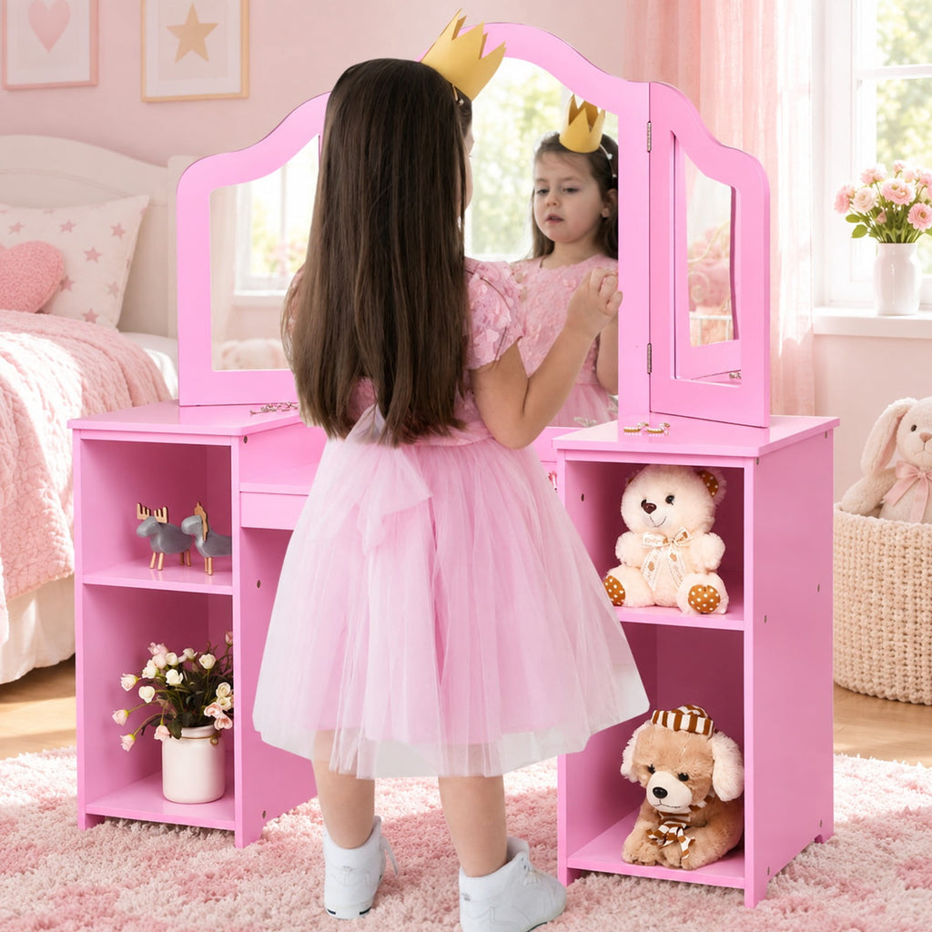 Airfind Kids Tri Folding Mirror Makeup Dressing Vanity Table Set, 220 lbs Capacity, MDF Plastic mirror Weight: 45 lbs Frame, Pink