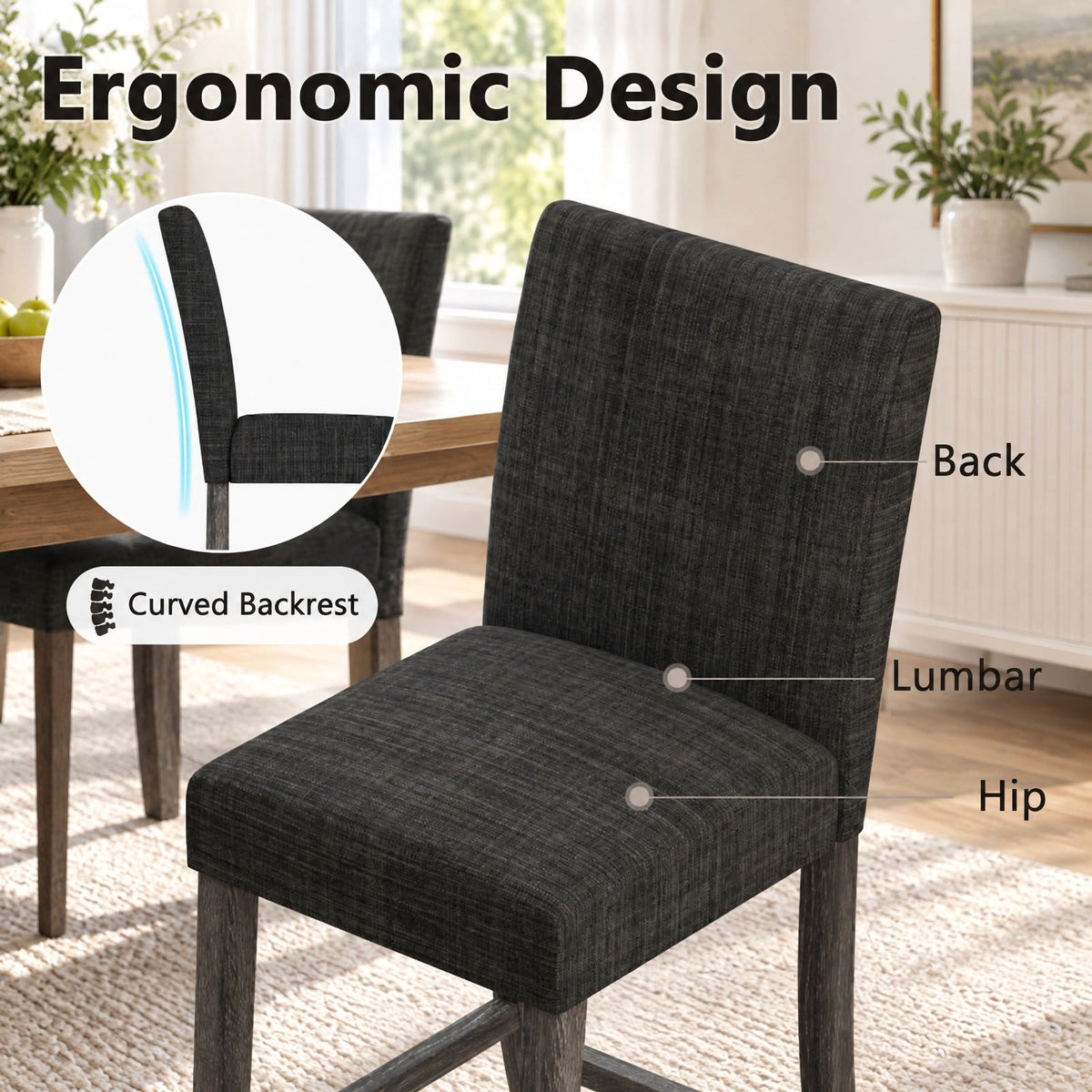 Airfind Counter Height Bar Stools Set of 2 with Back and Footrest, Rubber Wood MDF Linen Fabric Sponge Frame, Gray
