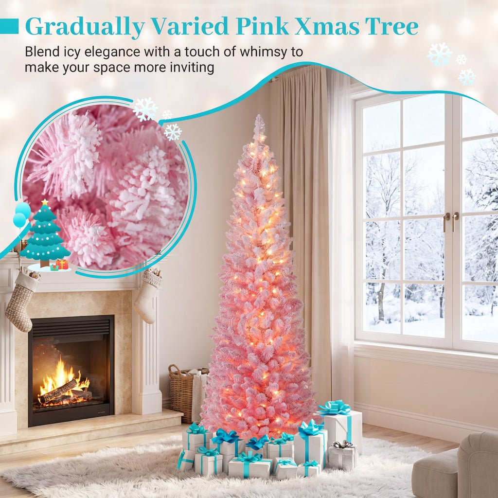 Airfind 6 FTSnow-flocked Artificial Pink Christmas Tree Pre, PVC Metal Tree Height 6 ft / 7 ft Tree Width 1.6 ft / 2 ft Frame, Pink