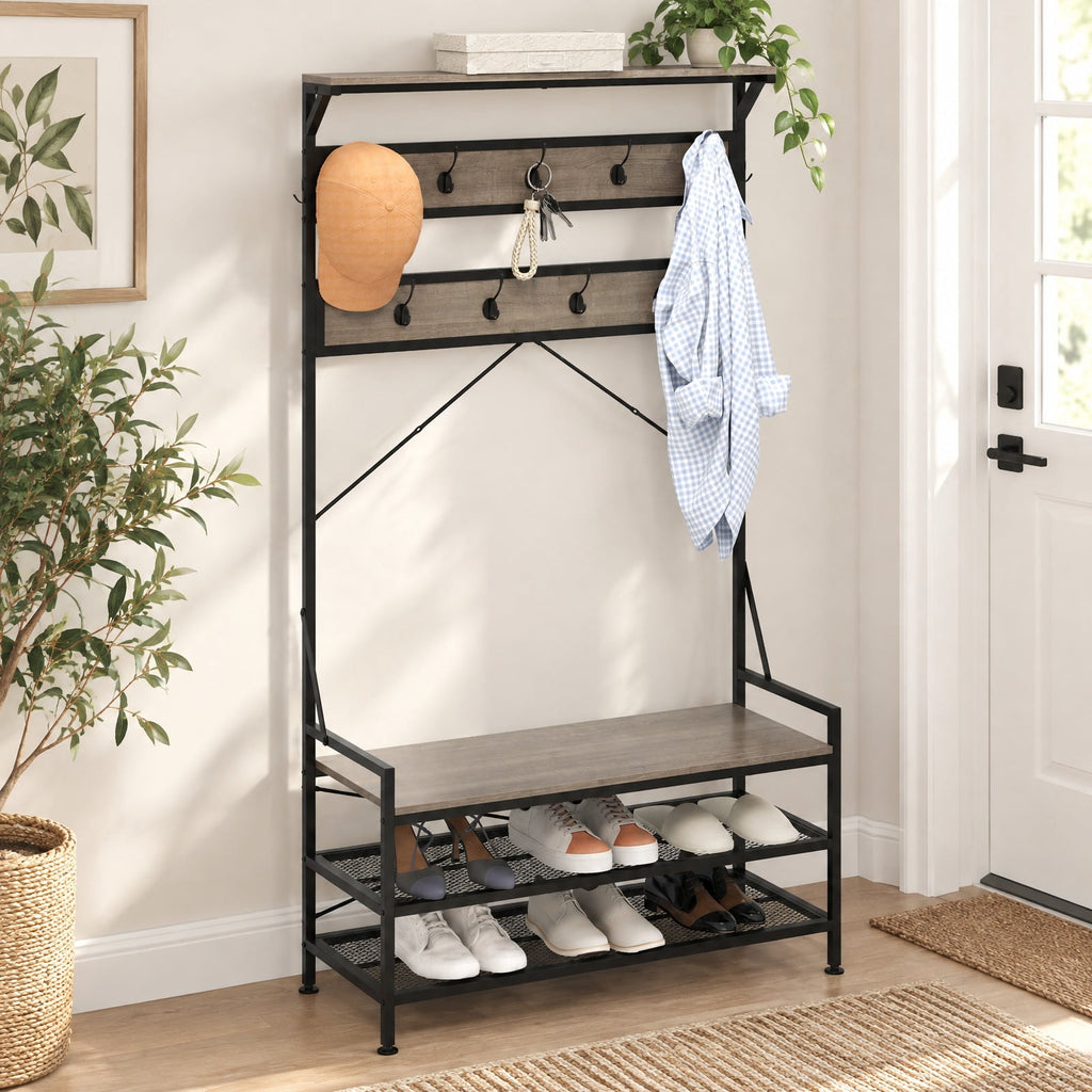 Airfind Coat Rack 4-In-1 Hall Tree with 11 Hanging Hooks Shoe Bench, 341 lbs Capacity, Engineered Wood Metal Frame, 40 x 16 x 72.5 Footprint
