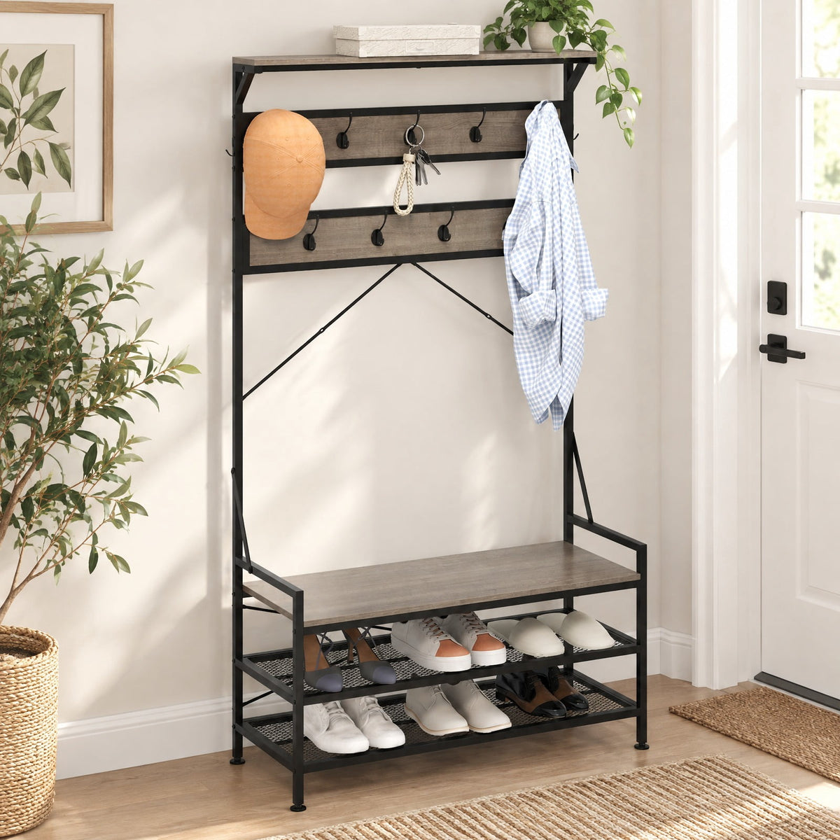 Airfind Coat Rack 4-In-1 Hall Tree with 11 Hanging Hooks Shoe Bench, 341 lbs Capacity, Engineered Wood Metal Frame, 40 x 16 x 72.5 Footprint
