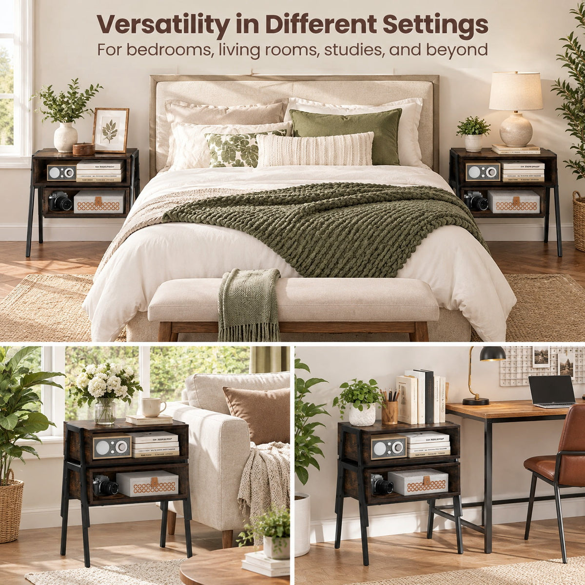 Airfind 2 Pieces Stackable Night Stand Bedside End Table Set, 66 lbs Capacity, Steel Frame, 21 x 14 x 18 Footprint, Brown