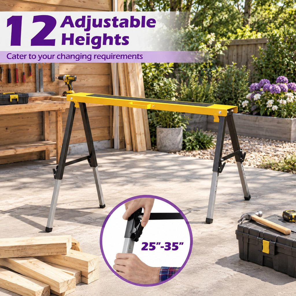 Airfind 2 Pack Folding Saw Horses with 12 Adjustable Leg Heights and Handles, 660 lbs Capacity, Metal PVC, 41 Inch x 23 Inch x Min. 25 Inch