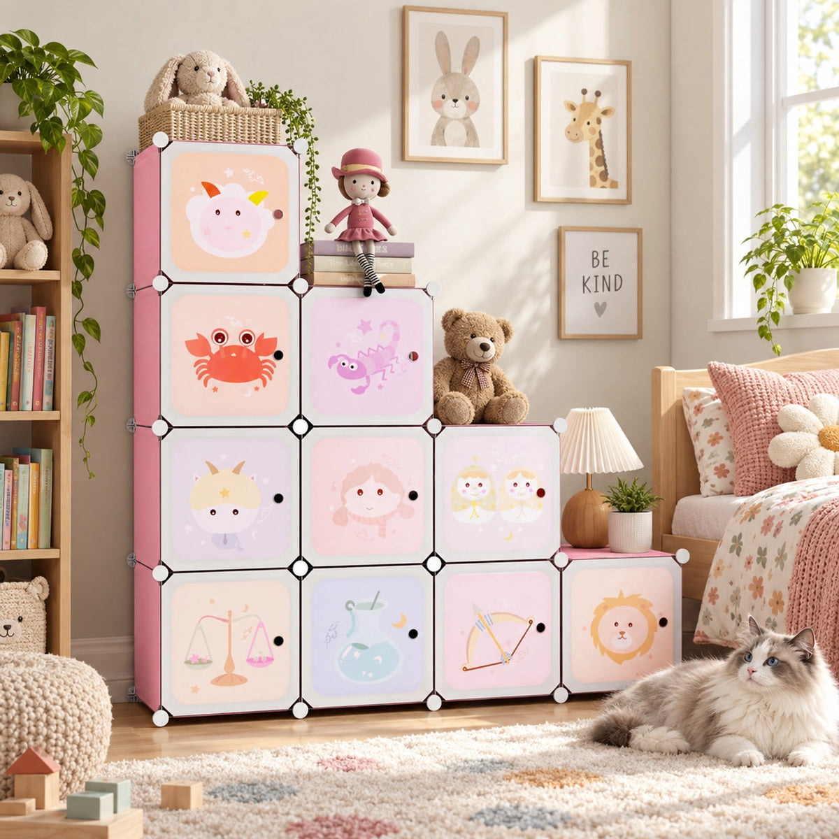 Airfind 12 Cube Kids Wardrobe Closet with Hanging Section and Doors, PP Metal Frame, 43 Inch x 14 Inch x 57 Inch Footprint, Pink
