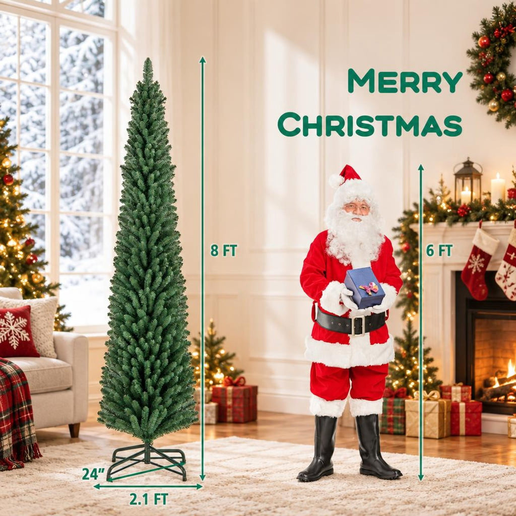 Airfind 8 Feet Pencil Christmas Tree with 671 Memory Wire Branch Tips and Upgraded Metal Stand, PVC Metal Frame, Green