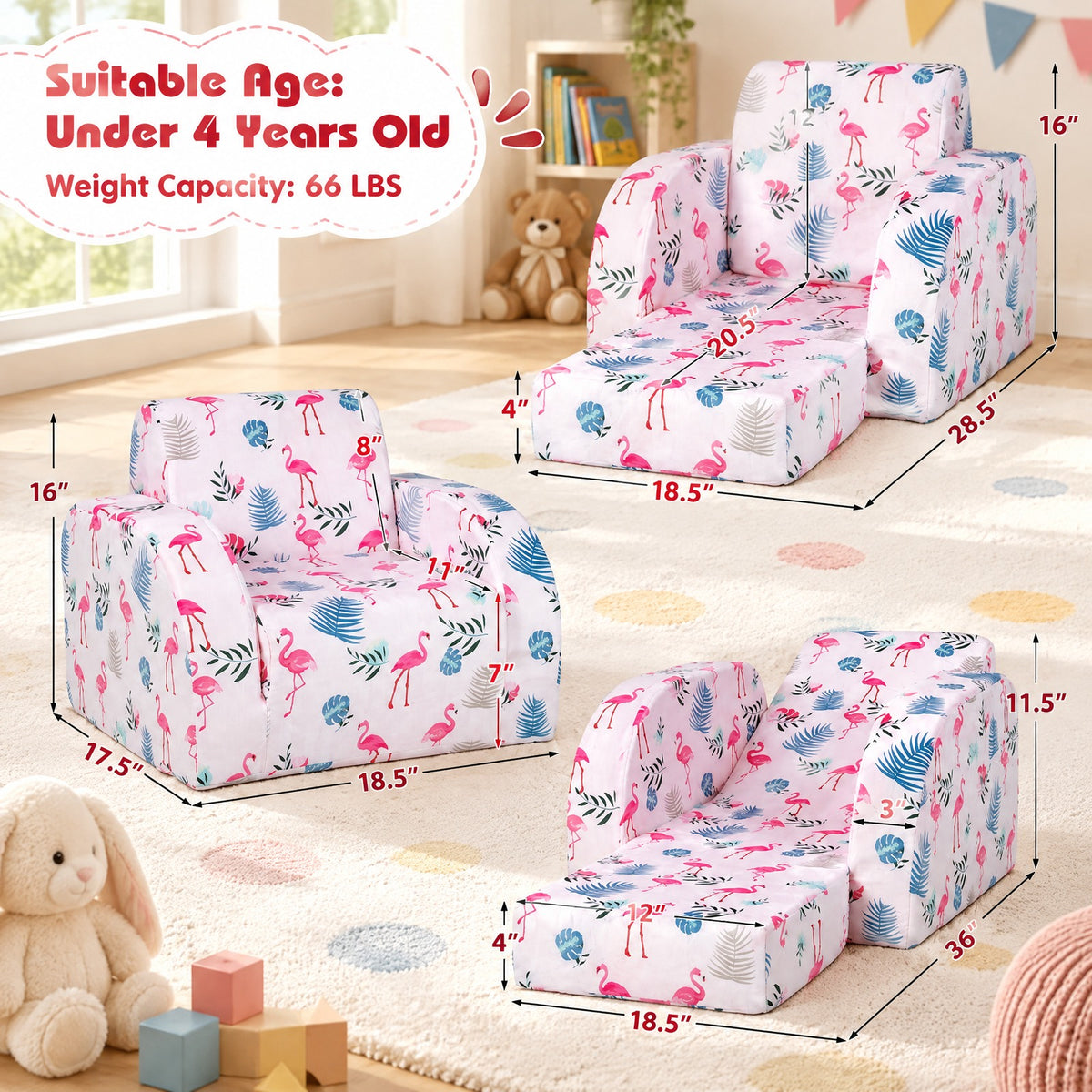 Airfind 3-in-1 Convertible Kid Sofa Bed Flip-Out Chair Lounger for Toddler, 66 lbs Capacity, Velvet fabric sponge Fully expanded Frame, Pink