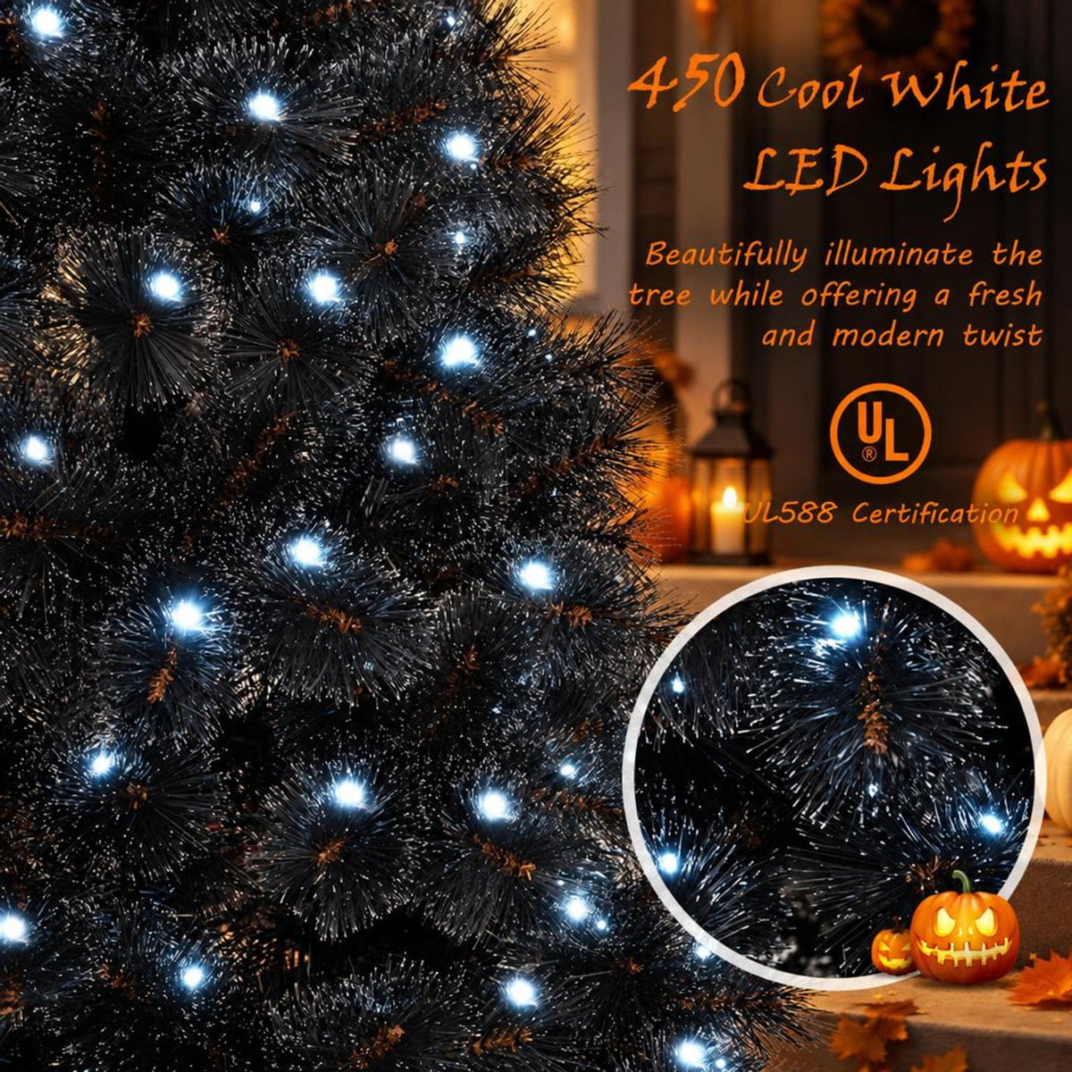 Airfind 6/7/8 Feet Black Artificial Halloween Christmas Tree with PVC Branch Tips and 210/320/450 Cool White LED Lights, Black